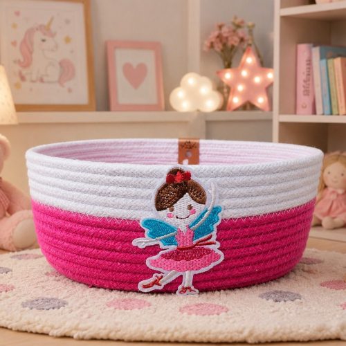 Cesto Infantil Bailarina Rosa Pink — cesto artesanal em cordão de algodão da Villani Linhas