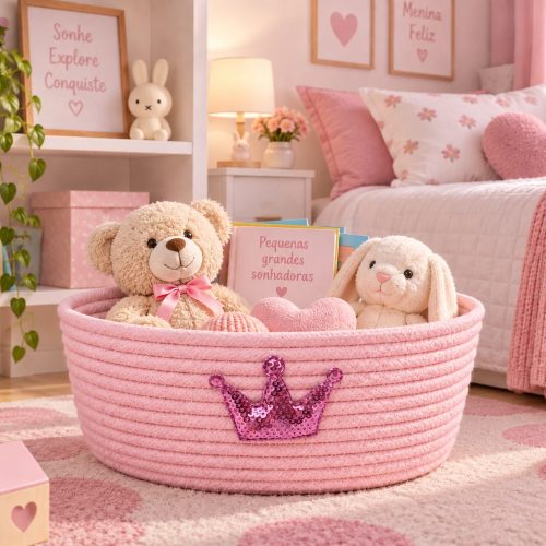 Cesto Infantil Coroa Rosa Bebê — cesto artesanal em cordão de algodão da Villani Linhas