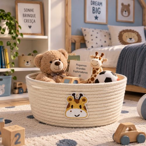 Cesto Infantil Girafa Cru — cesto artesanal em cordão de algodão da Villani Linhas