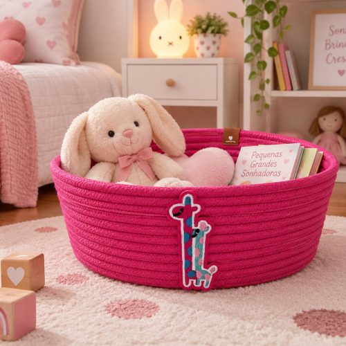 Cesto Infantil Girafinha Rosa Pink — cesto artesanal em cordão de algodão da Villani Linhas