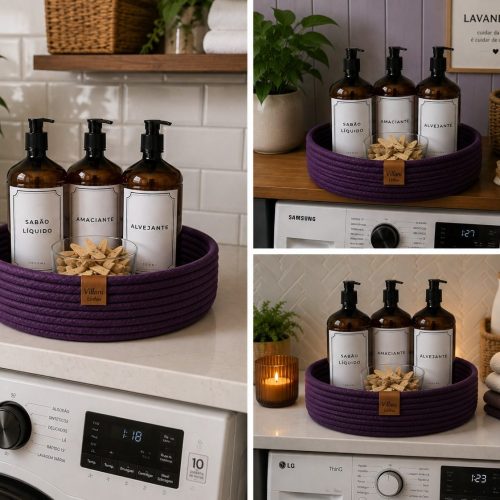 Cesto para Lavanderia Roxo — cesto artesanal em cordão de algodão da Villani Linhas