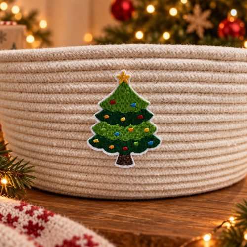 Cesto de Natal Árvore Bordada Cru — cesto artesanal em cordão de algodão da Villani Linhas