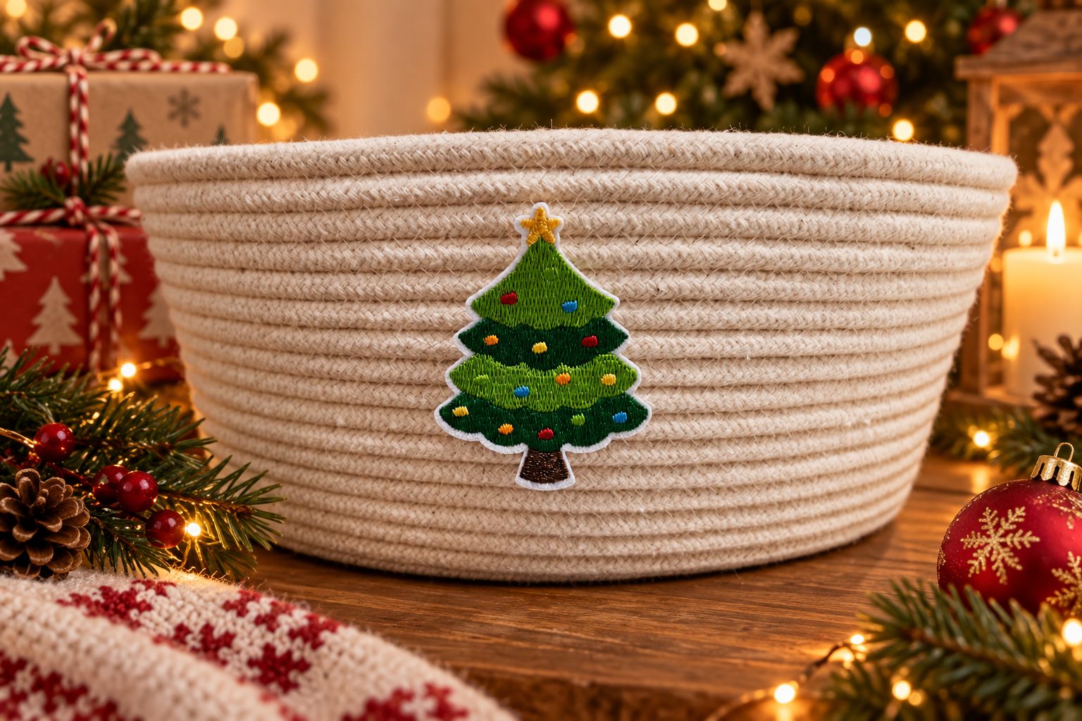 Cesto de Natal Árvore Bordada Cru — cesto artesanal em cordão de algodão da Villani Linhas