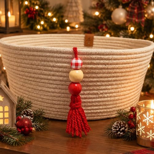Cesto de Natal Penduricalho Cru — cesto artesanal em cordão de algodão da Villani Linhas