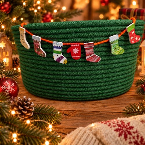 Cesto de Natal Varal de Meias Verde — cesto artesanal em cordão de algodão da Villani Linhas
