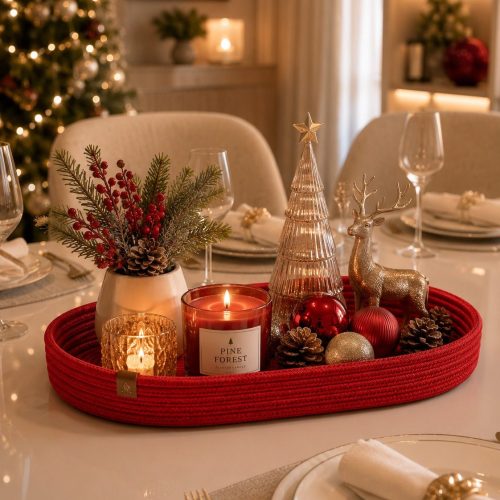 Cesto Oval de Natal Vermelho — cesto artesanal em cordão de algodão da Villani Linhas