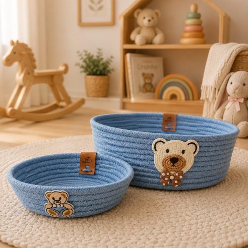 Kit Cesto Infantil — 2 peças Azul Bebê — cesto artesanal em cordão de algodão da Villani Linhas